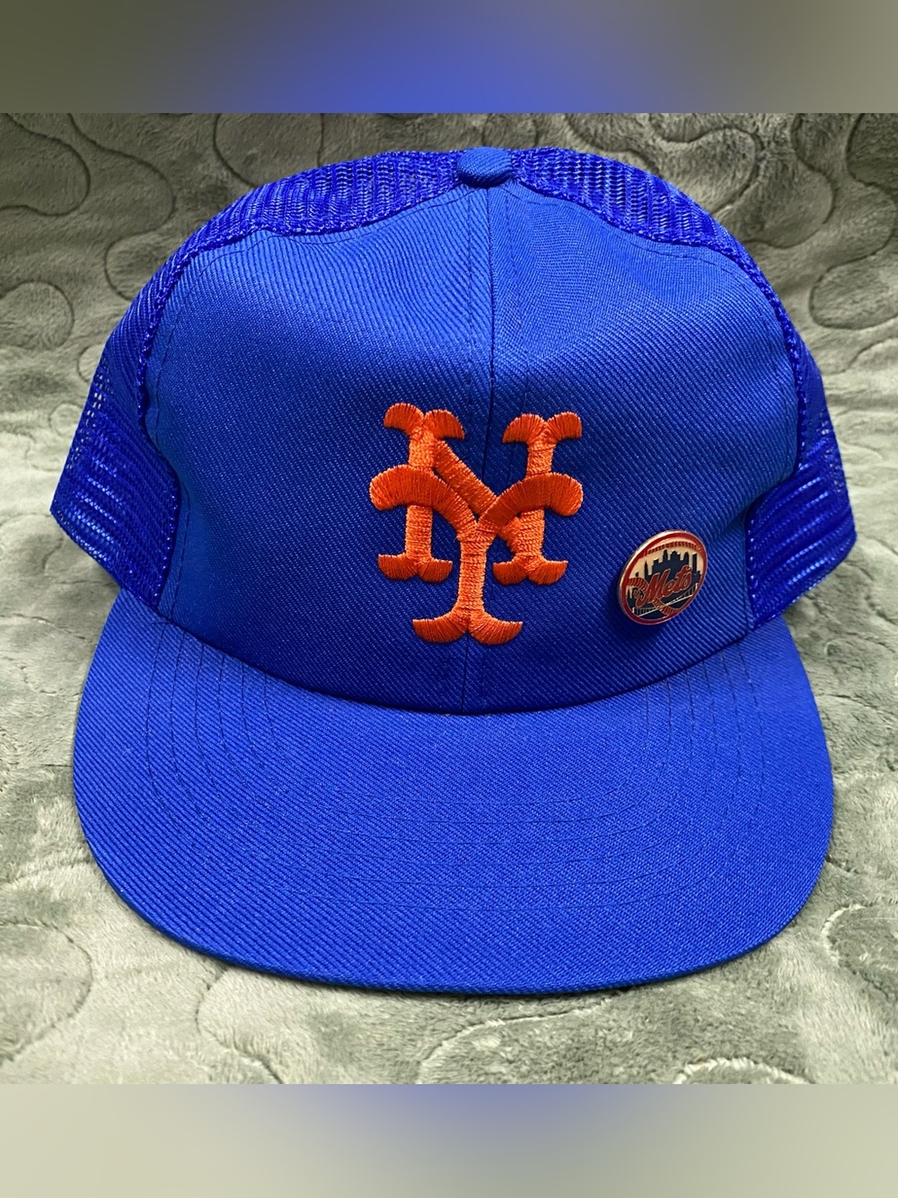 VTG 1980s New York Mets Trucker Hat Snapback Mesh Cap MLB Blue w 1985 Pin, ANNCO